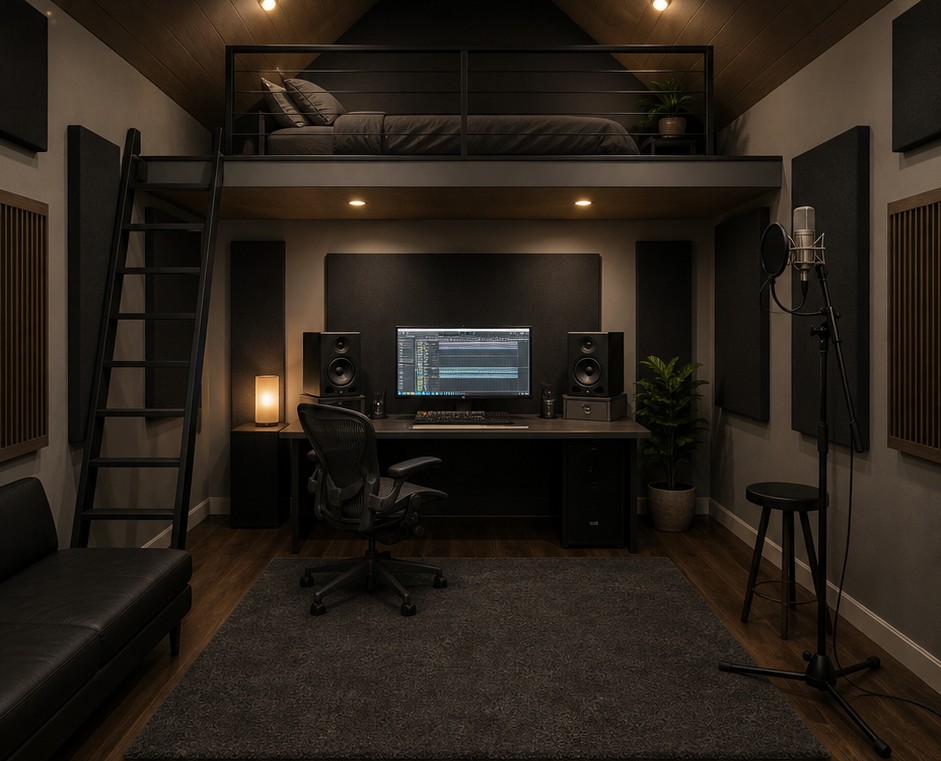 Inside PCH Studio: warm-lit control room with monitors, a mic, and a loft